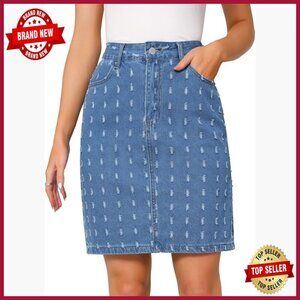 High Waisted Denim Skirt Distressed Swiss Dots Above Knee Regular Fit